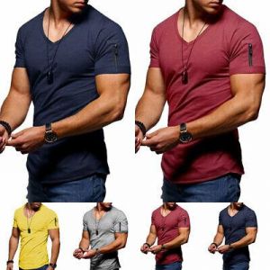 Bargain sales Men fashion Men T-Shirt Sport Gym Tops V Neck Short Sleeve Slim Fit Bodybuilding Casual Tees