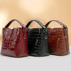 Women's PU Leather Crocodile Bucket Bag Tote Bag Shoulder Crossbody Bag Handbag