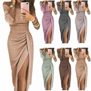 Elegant Fashion Women Sexy Boat Neck Glitter Dress Evening Party Formal Dress
