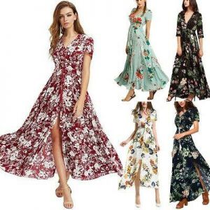 Women Short Sleeve Summer Long Maxi Canonicals Floral Beach Fashion Sexy Dress