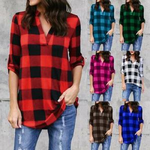 Plaid T Shirt Long Sleeve Sweater V-Neck Women Blouse Casual Loose Long  S-5XL