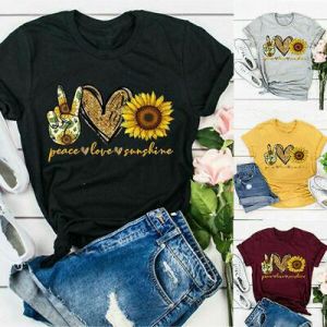 Women Blouse O Neck Short Sleeve Sunflower Letters Print Loose T-shirt Top New