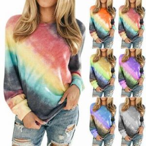 Long Sleeve Women Rainbow Tie Dye Pullover Top Sweatshirt T-Shirt Casual Jumper