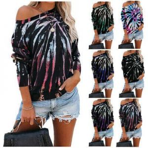 Women Casual Tie-Dye Print Pullover Shirt Long Sleeve Sweatshirt Tops Blouse US