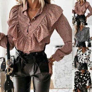 Fashion Dot Print Women Ruffle Blouse Shirt Autumn Winter Long Sleeve Button Top