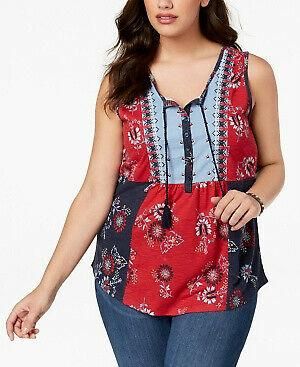 Style & Co Women's 1X Red Blue Sleeveless Patchework Relaxed Peasant Blouse Top
