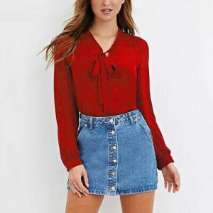 Women's Bow Tie Chiffon Blouse Office OL Style Long Sleeve Work Shirt Tops