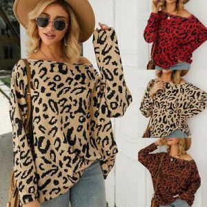 Fashion Women Loose Leopard Print Long Sleeve Strapless T-Shirt Blouse Tops