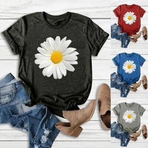 Women Fashion Summer Sunflower Print Short Sleeved O-Neck T-shirt Blouse Tops