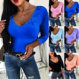 Fashion Women Sexy V-neck Slim Bandage Tees Solid Long Sleeve Casual Tops Shirts