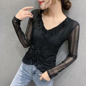 Fashion Womens Lace Ruffles Tops Blouses Long Sleeve Autumn Slim Casual Shirts