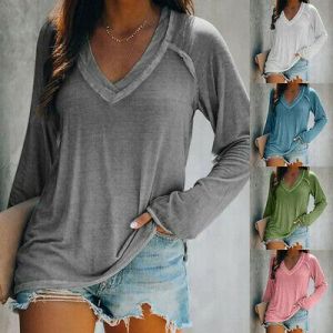 Womens Fashion Autumn Casual Tops V-neck Solid Color Basic Long-Sleeved T-Shirt