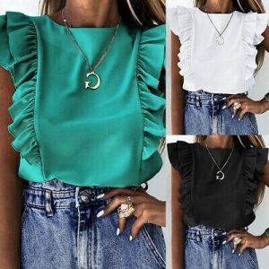 Fashion Women Ruffle Short Sleeve Tee O-Neck Tunic Blouse Holiday Plain T Shirts