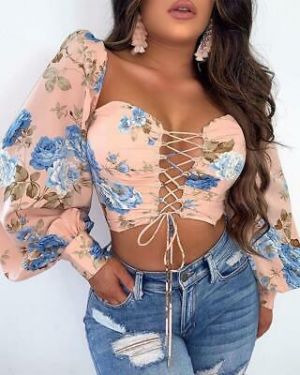 Sexy Fashion Women Floral Square Neck Lantern Sleeve Casual Party Bandages Tops
