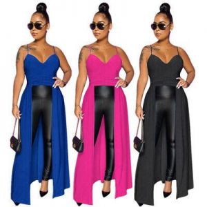 Fashion Women Solid Sling v Neck Sleeveless Casual Party Slim Irregular Long Top