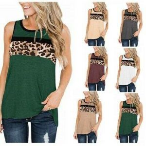 Summer Fashion Women's Round Neck Sleeveless Stitching Leopard Vest T-shirt Top