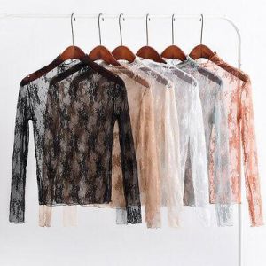 New Women Sexy Mesh Lace Sheer See Through Tops Blouse Long Sleeve Shirt Fashion