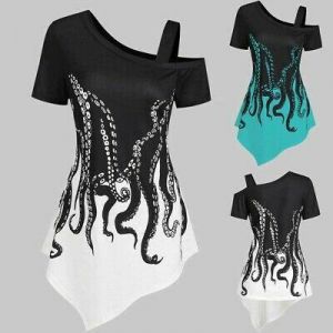 Women Fashion Printed Tops One Shoulder Skew Neck Print Asymmetrical T-shirt Top