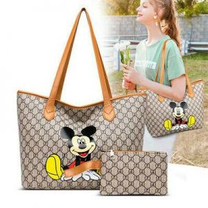 Fashion Women Leather Tote Purse Shoulder Bag Cartoon Mickey Handbag with Wallet
