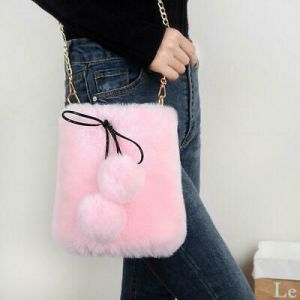 Women's Lady Faux Fur Shoulder Chain Bag Cute Handbag Purse Furry Fluffy Pom