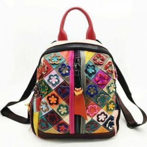 Designer Cow Leather Colorful Floral Patchwork Women's Backpack Travel Bag