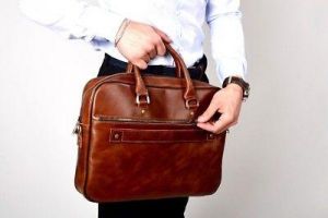 Leather briefcase with trolley strap, slim leather laptop bag, men's leather bag