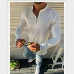 Fashion Men's Stand Collar T-Shirt Long sleeve Muscle Tee Zipper Slim Fit Casual