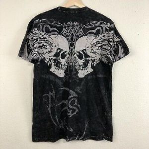 FASHION SQUARE Men's Black Angel Burnout GEMINI SKULL WING Biker Graphic Shirt