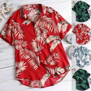 Plus Size Men Fashion Summer Button Print Beach Short Sleeve Tops Blouse T-Shirt