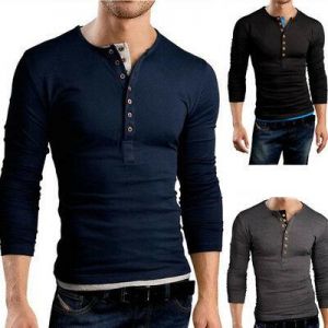 Men's Fashion V-Neck Button Casual Shirts Long Sleeve Slim Fit Cotton Blend Tops