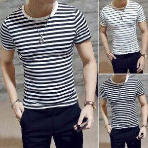 Fashion Summer Men's Casual O Neck T-shirt Striped Short Sleeve Casual Tee