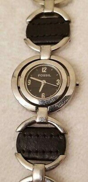 Fossil Women’s Watch Silver SS ES-1975 black  leather and SS band