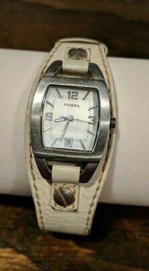 Fossil Women's Watch Silver Dial White Leather Cuff/Bund Strap - Used