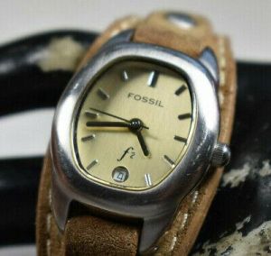 Fossil Women's Beige Cuff Leather Gold Tone Watch w/ Date NEW BATTERY