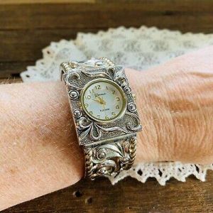 Women's Silver Tone Geneva Platinum Series Bangle Bracelet Watch, Hinged Cuff