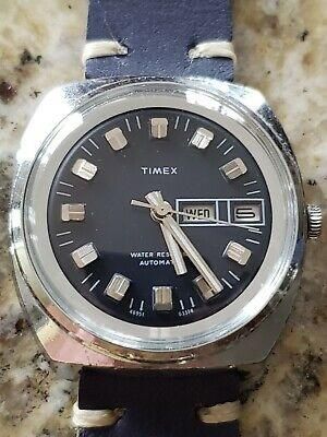 Bargain sales Watches for men Vintage Men&#039;s 1974 TIMEX AUTOMATIC Watch Blue Dial SS Day/Date. New blue strap!
