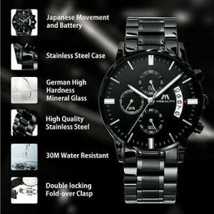 Megalith Chronograph Luxury Waterproof Mens Watch Stainless Steel Black