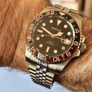 PARNIS Luxury 40mm Black Dial Automatic Men's Watch Date Display Jubilee Strap