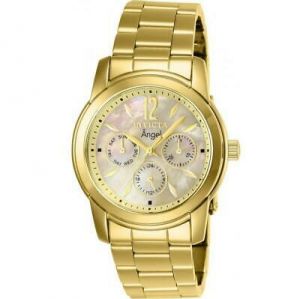 Invicta Angel 0466 Women's Round Gold Tone Mother of Pearl Day/Date Watch