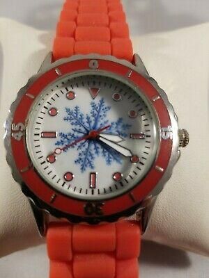 Women's Christmas Watch White Blue Snowflake Dial Red Rubber Band Silver Case