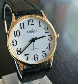 VINTAGE MEDANA SPORT CLASSIC DIAL SWISS QUARTZ MEN'S GOLD BLK LEATHER WATCH *NEW