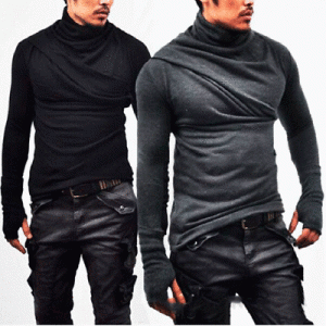 Fashion Men's T-Shirt Long Sleeve Turtleneck Shirt Slim Casual Pleated Tops New