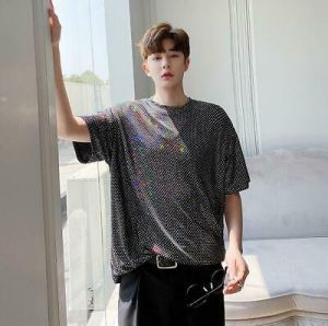 Men's Fashion Round Collar Short Sleeve Shine T-shirt Youth Party Bar Loose Tee