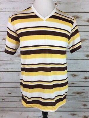 More Fashion Polo Shirt Mens Med V Neck Stripe S/S Lightweight Cotton/Poly NEW
