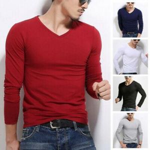 Fashion Men's Slim Fit V Neck Long Sleeve Muscle Tee T-shirt Casual Tops Blouse