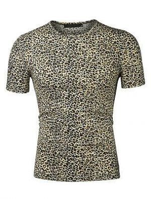 Bargain sales Men Beige Black Fashion Leopard Prints Summer Leisure Tee Shirt XL