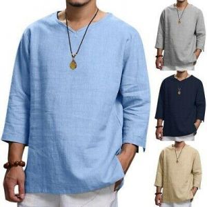 Men's Fashion Summer Baggy Soid Cotton Hemp Top Short Sleeve Blouse Top T Shirts