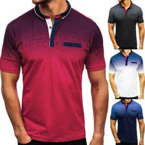 Fashion Men Summer Casual Color Gradient Lapel Short Sleeve T-Shirt Tops Blouse