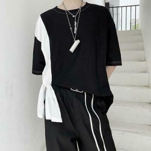 Men's Fashion Summer Round Collar Color Matching T-shirt Gothic Punk Loose Tee