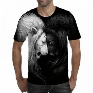 Fashion Men White Black Lion 3D Print Short Sleeve Round Neck T-Shirt Tee Top Sw